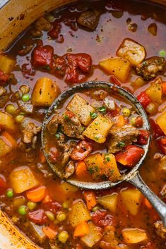 a ladle full of stew with meat and vegetables