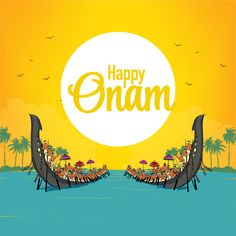 happy onam greeting card with boat full of people and palm trees in the background