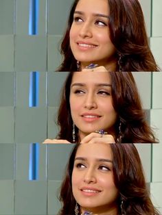 three different pictures of a woman with long brown hair and earrings on her head, smiling at the camera