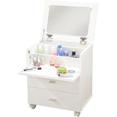 a white vanity with drawers and mirror on it's sides, including the top drawer