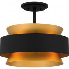 a black and gold chandelier hanging from a ceiling fixture with an orange light