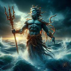 a man in the ocean holding a staff and standing on top of waves with an evil look