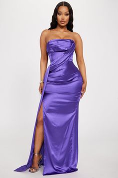 Janelle Satin Gown - Purple Satin Gown Dress, Lilac Prom Dress, Gown Purple, Purple Corset, Corset Gown, Corset Waist, Purple Satin, Straight Neckline, Satin Gown