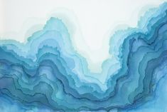 an abstract painting in blue and white with wavy lines on the bottom half of it