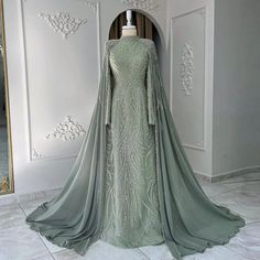 DreamyVow Luxury Dubai Sage Green Evening Dresses with Cape 2024 Arabic Blue Beaded Elegant Women Wedding Party Gowns 238 Custom Flower Girl Dress, Arabic Wedding Dresses, Yellow Evening Dresses, Silver Evening Dress, Purple Evening Dress, Champagne Evening Dress, Muslim Evening Dresses, Green Evening Dress, Girls Long Dresses