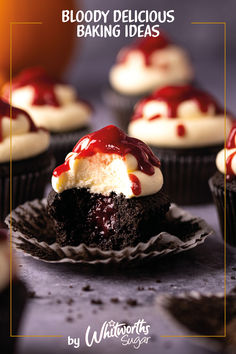 black velvet cupcakes topped with white buttercream and red jam resembling blood Halloween Baking Recipes, Fluffy Buttercream, Blackberry Compote, Cupcakes Easy, Vampire Party, Baked Dessert, Easy Halloween Food