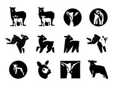 black and white silhouettes of farm animals in various poses, with circles around them