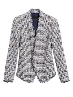 Collarless Metallic Tweed Blazer | Banana Republic Chic Fitted Tweed Jacket, Structured Outerwear For Fall Party, Trendy Fitted Tweed Jacket For Spring, Spring Tweed Jacket For Office Wear, Spring Fitted Tweed Jacket For Office Wear, Spring Office Wear Fitted Tweed Jacket, Chic Party Tweed Jacket, Chic Structured Spring Blazer, Trendy Fitted Tweed Jacket For Workwear