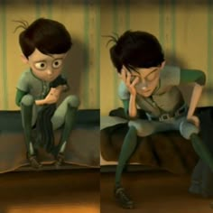 two pictures of a boy sitting on a bed with his head in his hands and another image of him holding his hand to his face