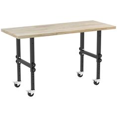 a wooden table with two wheels on each side and one leg raised up to the ceiling