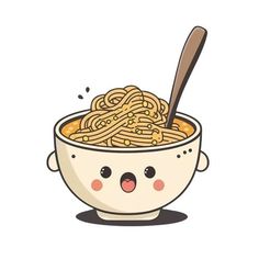 a bowl of noodles with a spoon sticking out of it's mouth and eyes