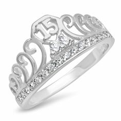 Top Quality .925 Sterling Silver Quinceanera Ring with CZ - Free EngravingCelebrate your princess 15th birthday with this lovely sterling silver quinceanera ring. The ring features a princess crown with the number 15 on the apex, and stunning cubic zirconia studs on the crowns base. Because every 15-year old deserves to be treated like a princess, this ring makes a perfect milestone accessory.Engraving Free Inside up to 20 charactersProduct details:Model:TMR00003Material: .925 Sterling SilverFin Silver Jewelry With Diamond Accents For Birthday, Princess Style Cubic Zirconia Wedding Jewelry, Silver Jewelry With Prong Setting For Birthday, Personalized Silver Jewelry For Sweet 16, Elegant White Jewelry For Sweet 16, Silver Princess Ring For Wedding, Silver Rings With Prong Setting For Birthday, Personalized Elegant Jewelry For Sweet 16, Princess Crown Jewelry For Anniversary