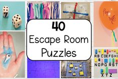 the words escape room puzzles are shown above pictures of handmade objects and balloons,