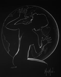 a black and white photo of a woman in front of the moon