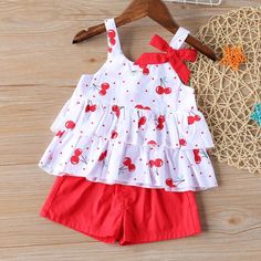 2-piece Polka Dot Sling Top & Pants for Toddler Girl - PrettyKid Girl Sweatpants Outfit, Ruffled Tops, Sling Top, Suspenders For Kids, Short Pants Outfit, Pants Outfits, Cherry Print, Shorts Pants, Girls Clothing Sets