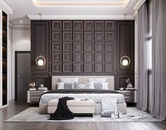 a modern bedroom with wood paneled walls and white furniture, including a large bed