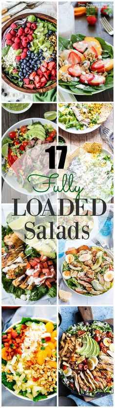 a collage of different salads with text overlay