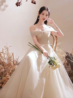 Off shoulder evening dress, new style, temperamentous champagne Beige Evening Dress For Banquet And Prom Season, Beige Evening Dress For Banquet And Prom, Beige Evening Dress For Prom, Elegant Cream Ball Gown For Prom, Beige Tulle Evening Dress, Off Shoulder Evening Dress, Redhead Beauty, Bridesmaid Gown, Prom Gown