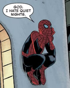 the spider - man is sitting in front of a window and talking to another person