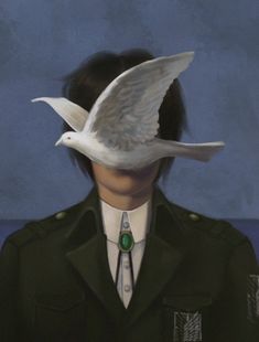 a painting of a man in uniform with a white bird on his head and necktie