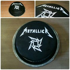 three different pictures of a black cake with white letters on it and the words metallic