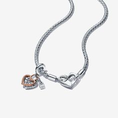 Pandora Moments Studded Chain Necklace and Heart Dangle Set Cute Pandora Necklaces, Pandora Chain Necklace, Silver Charm Necklaces For Valentine's Day With Dangling Charms, Silver Heart Necklace With Removable Charms, Elegant Jewelry With Heart Charm On Snake Chain, Elegant Jewelry With Removable Heart Charms, Elegant Heart Necklace With Removable Charms, Elegant Sterling Silver Charm Necklaces With Removable Charms, Silver Necklace With Dangling Charms For Anniversary