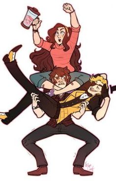 two people with arms in the air, one holding a purse and the other carrying another person