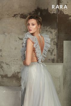 Wedding dress Tisa by Rara Avis. Sleeveless V-neck A-line ruffled tulle bodice wedding dress. Ship worldwide. Based in Vancouver, Canada. Tulle Bodice, Grey Wedding Dress, Wedding Dresses Uk, Wedding Inspirasi, Bride Fashion, Wedding Dress Patterns, View Art