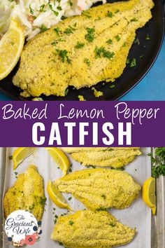 baked lemon pepper catfish on a baking sheet with coleslaw and lemon wedges