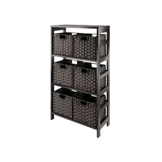 three tiered shelf with baskets on the bottom and two shelves below it, both black