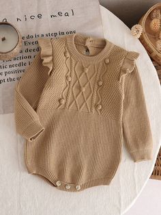 Baby Girls Sweater , Warm Knitted Khaki-Colored One-Piece With Pom-Pom And Wavy Texture, Elastic And Cozy, Perfect For Home, Vacation And Travel, Autumn And Winter Camel Casual  Long Sleeve Knitwear Plain Bodysuits Medium Stretch  Baby Girls Clothing, size features are:Bust: ,Length: ,Sleeve Length: Travel Autumn, Home Vacation, Baby Knitwear, Girls Sweater, Khaki Color, Baby Winter, Girls Sweaters