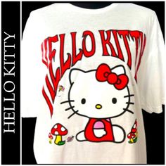 Unisex White Hello Kitty Print Fun T-shirt, Fun White T-shirt With Hello Kitty Print, Red Cotton Hello Kitty T-shirt, Red Hello Kitty Short Sleeve Tops, Red Hello Kitty Cotton T-shirt, Fun White Hello Kitty Print T-shirt, White Cotton Hello Kitty Top, Fun White Shirt For Streetwear, White Hello Kitty T-shirt For Summer