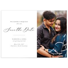 the save the date card is shown with an image of two people hugging each other