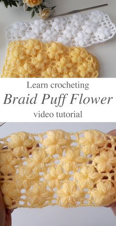 the crochet flower is being used to make this beautiful piece of fabric that looks like