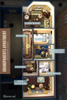 the floor plan for an apartment with all its furniture and accessories labeled in blue letters