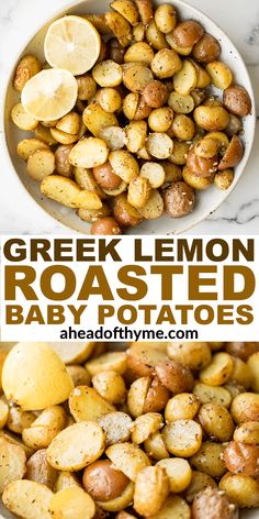 roasted baby potatoes in a bowl with lemons on the side and text overlay that reads greek lemon roasted baby potatoes