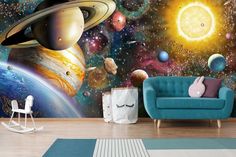 an image of a space scene with planets and sun in the background wallpaper mural