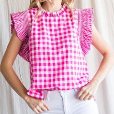 Elastic Trim At Sleeves With Butterfly Ruffle. Keyhole Closure In Back. 100% Polyester. Very Cute. Plaid Tops For Spring Picnic, Chic Plaid Cotton Tops, Feminine Gingham Tops For Spring, Spring Feminine Gingham Tops, Feminine Gingham Cotton Tops, Trendy Gingham Tops With Ruffles, Gingham Tops For Spring Brunch, Spring Gingham Tops For Brunch, Trendy Pink Top For Picnic