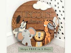 a wooden sign that says lincoln with some animals on it and the words, ships free in 5 days