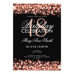 an elegant birthday party with pink and black confetti on the front, gold glitters in the background