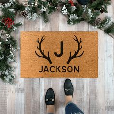 Doormat - Personalized Last Name Doormat, Antlers Deer Painting, Painted Rug, Layered Rugs, Rustic Theme, Custom Doormat, Last Names, Capital Letters, Natural Tan, Painted Doors