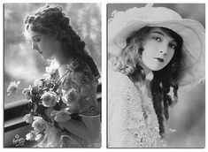 an old black and white photo of a woman wearing a hat with flowers in her hair