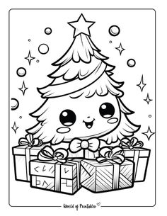 a christmas tree with presents under it and stars on the top, in black and white