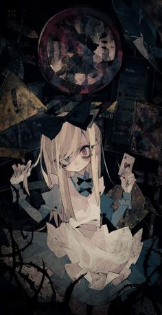 an anime character is surrounded by pictures and papers in the dark, with one woman's face partially obscured by her hair