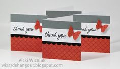 three thank you cards with red butterflies on the front and back, one is folded in half