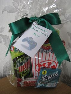 a gift basket filled with candy and snacks