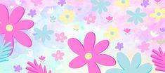 colorful flowers and leaves on a pink, blue, green and yellow background with pastel colors