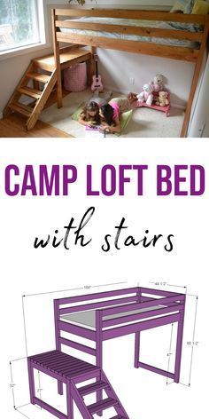 a bunk bed with stairs is shown in purple and has the words camp loft bed with stairs on it