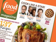 the cover of food network magazine features an image of a turkey on a white plate