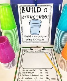 the build a structure worksheet with colored cups and pencils next to it